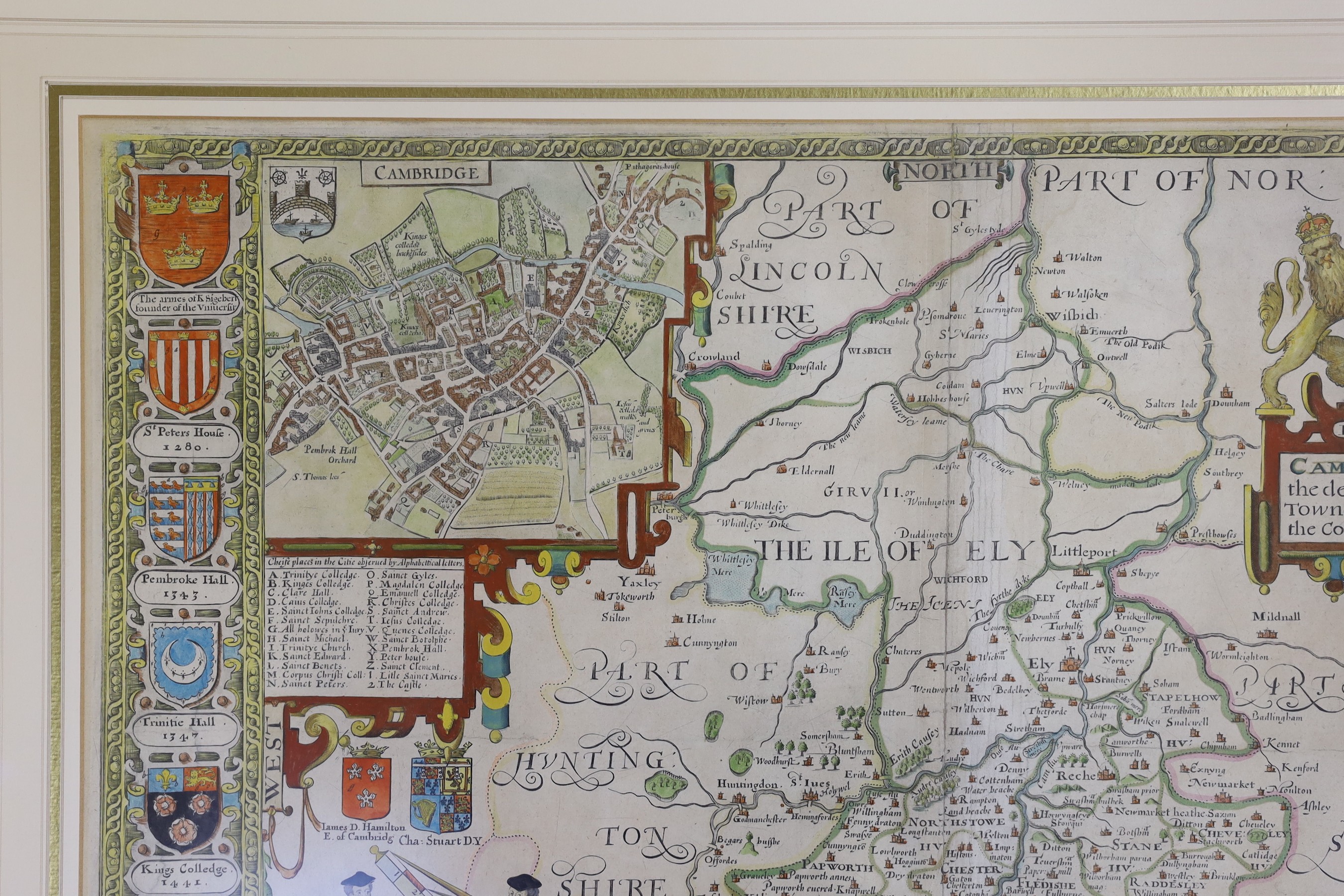 John Speede, coloured engraving, Map of Cambridgeshire, 1676 issue, English text verso, 39 x 53.5cm